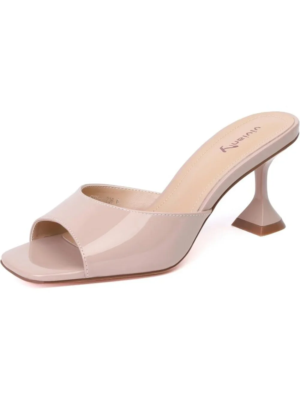 Women's Nude Patent Square Open Toe Slip on Heeled Slides Sexy Mules Sandals